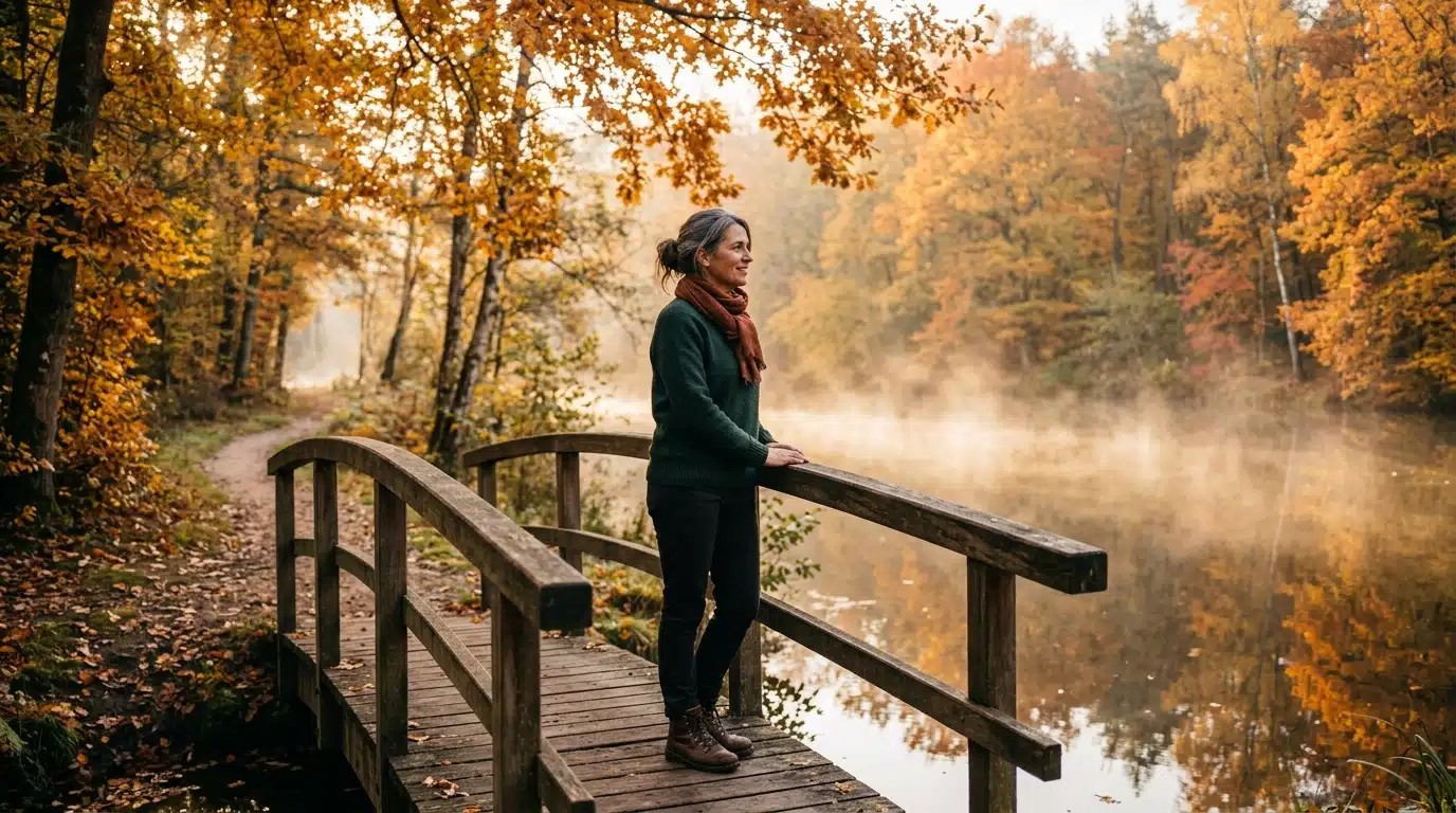Femme sur un pont en bois devant un étang doré en automne