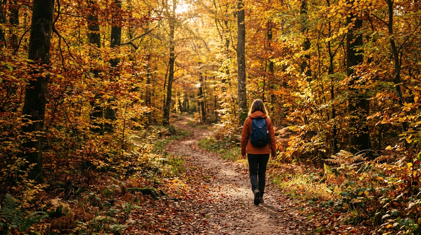 Randonneur seul sur un sentier forestier aux couleurs d'automne