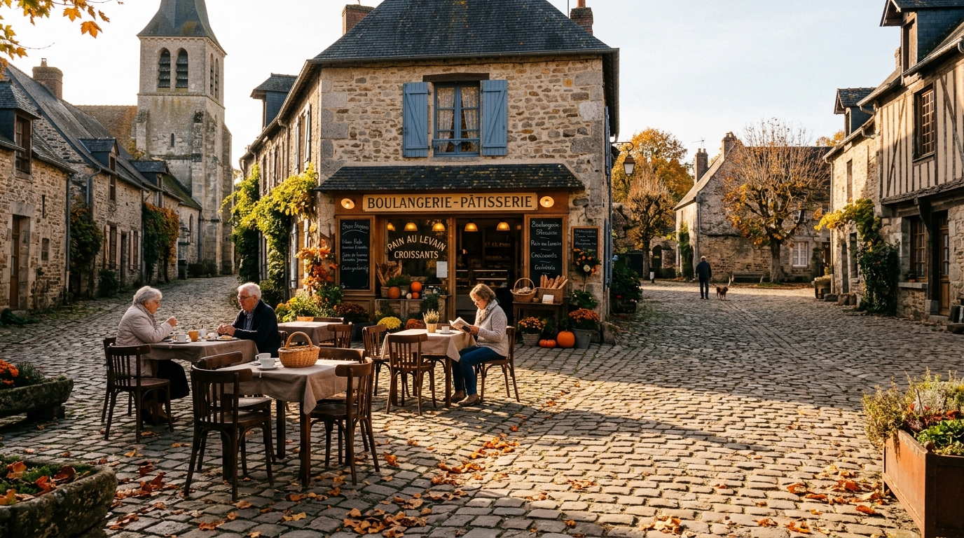 Petite place de village du Perche avec boulangerie traditionnelle