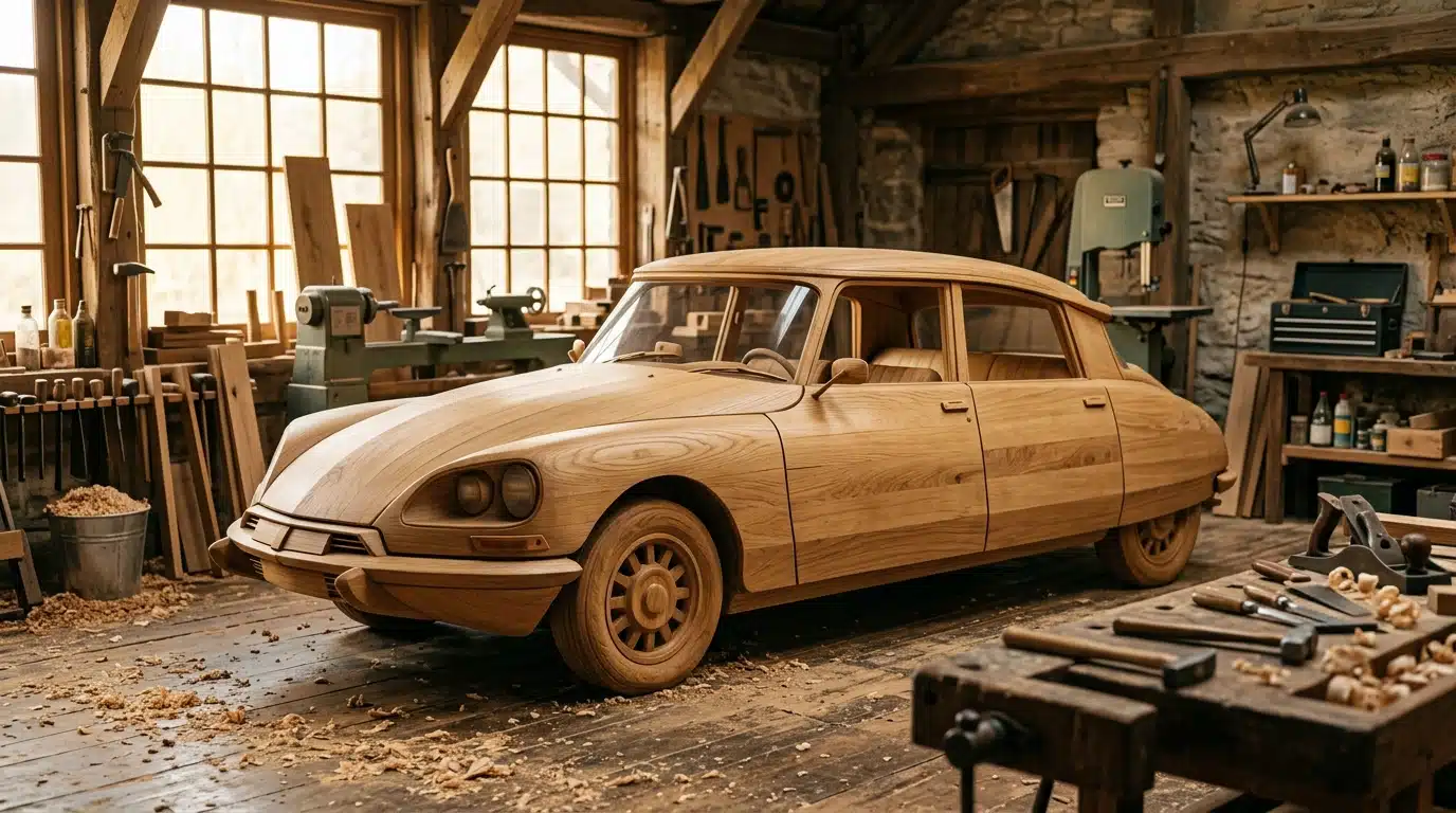 Carrosserie de voiture ancienne entièrement recréée en bois