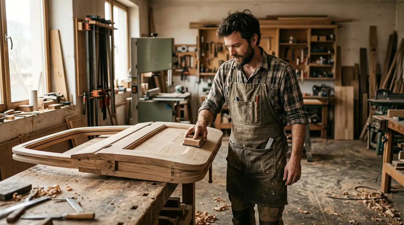 Artisan menuisier ponçant un panneau de carrosserie en bois