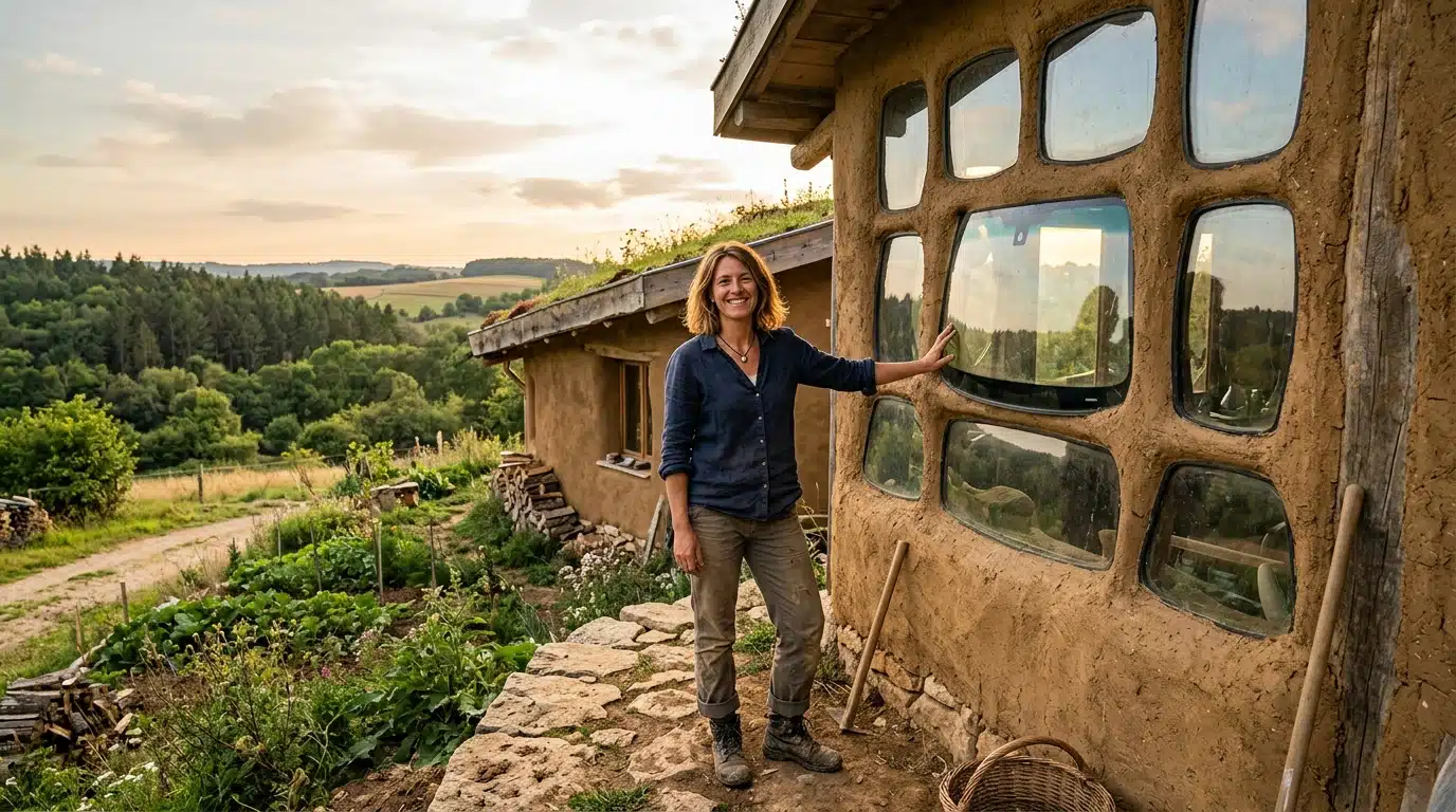 À 38 ans, elle quitte la ville et bâtit sa maison en terre avec 12 pare-brises recyclés