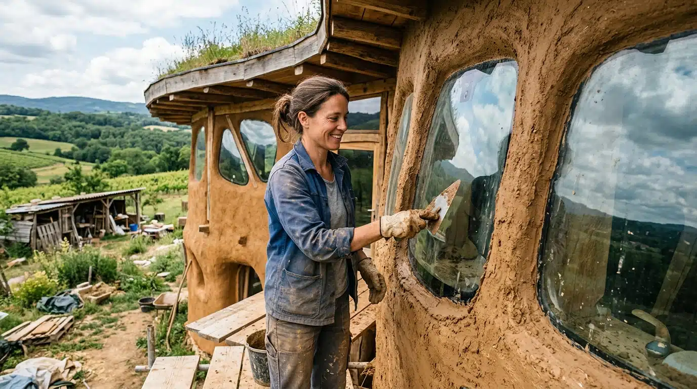 À 38 ans, elle quitte la ville et bâtit sa maison en terre avec 12 pare-brises recyclés