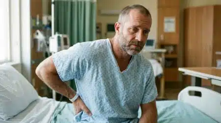 Homme assis sur un lit d'hôpital se tenant le dos