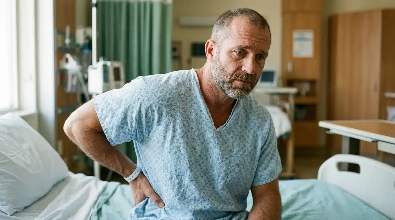 Homme assis sur un lit d'hôpital se tenant le dos