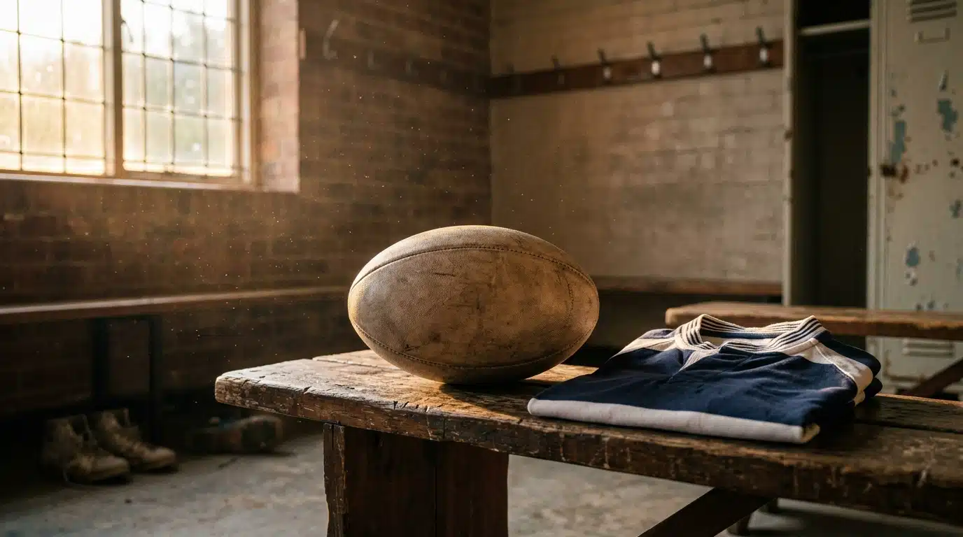 Ballon de rugby posé seul dans un vestiaire vide
