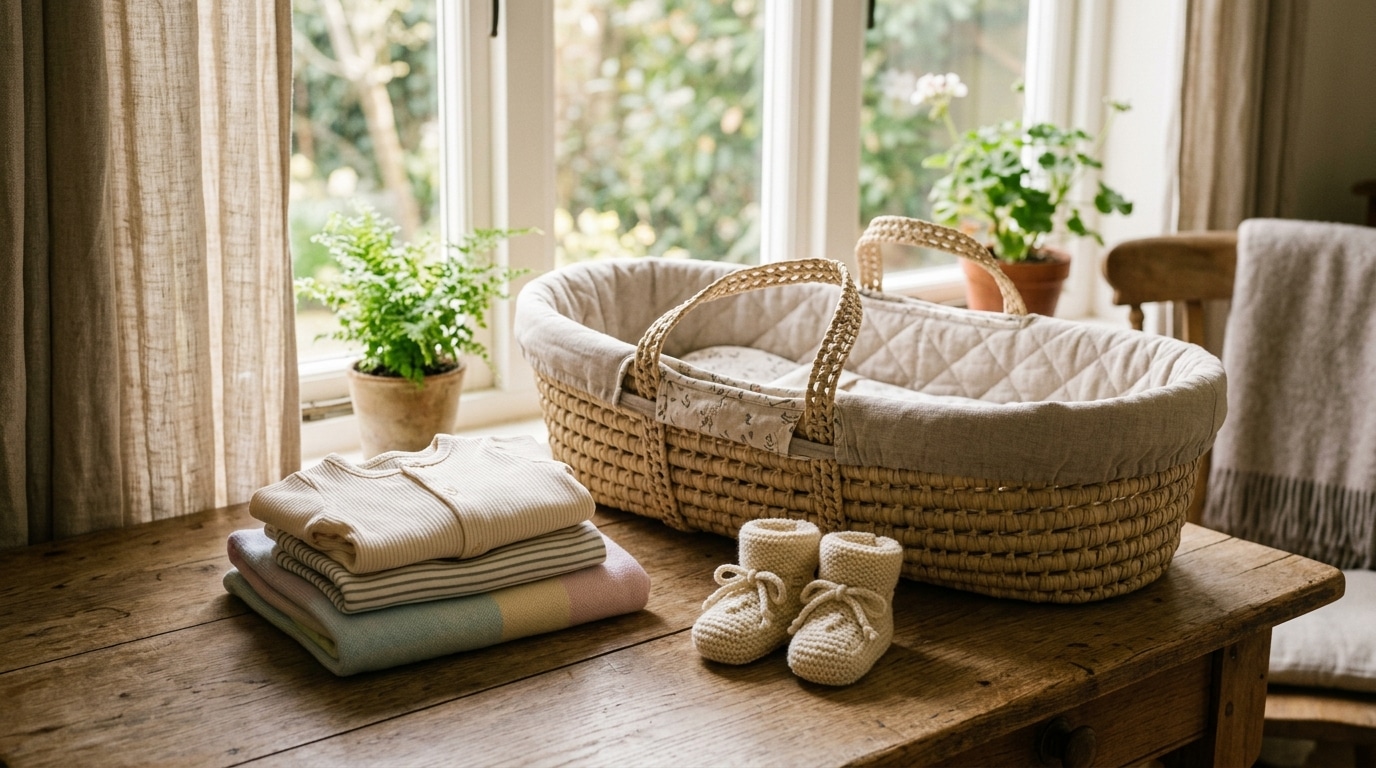 Vêtements de bébé pliés près d'un couffin