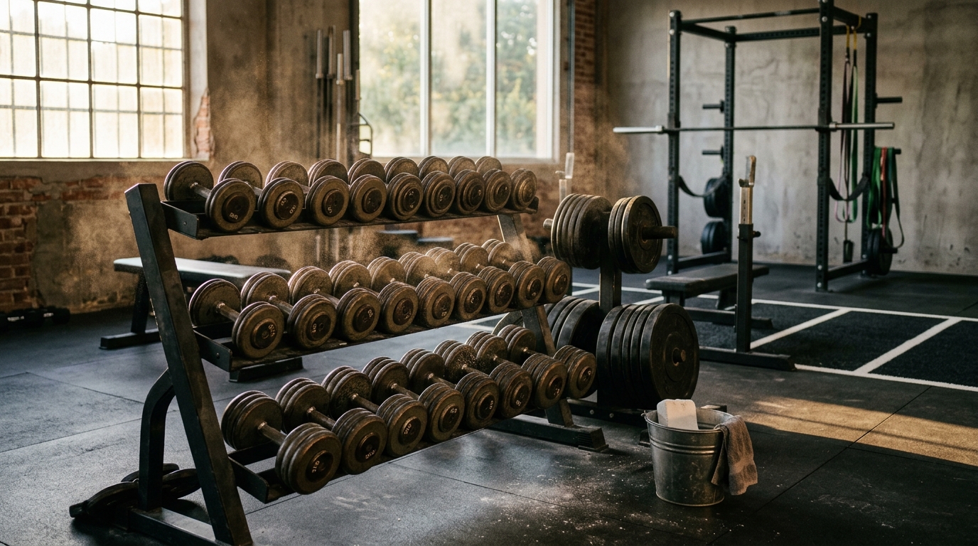 Salle de musculation professionnelle avec haltères et lumière chaude