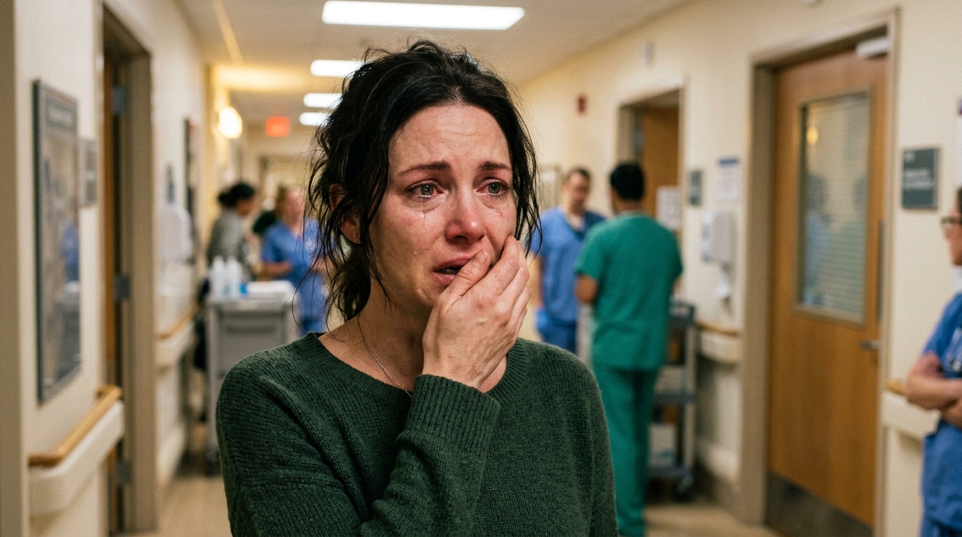 Femme bouleversée dans un couloir d'hôpital