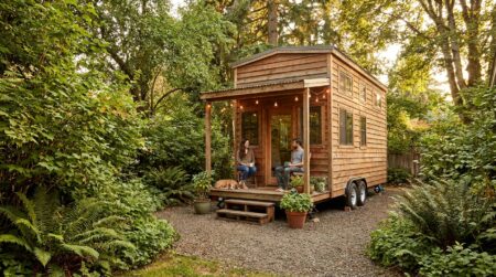 Tiny house en bois posée sur gravier dans un jardin