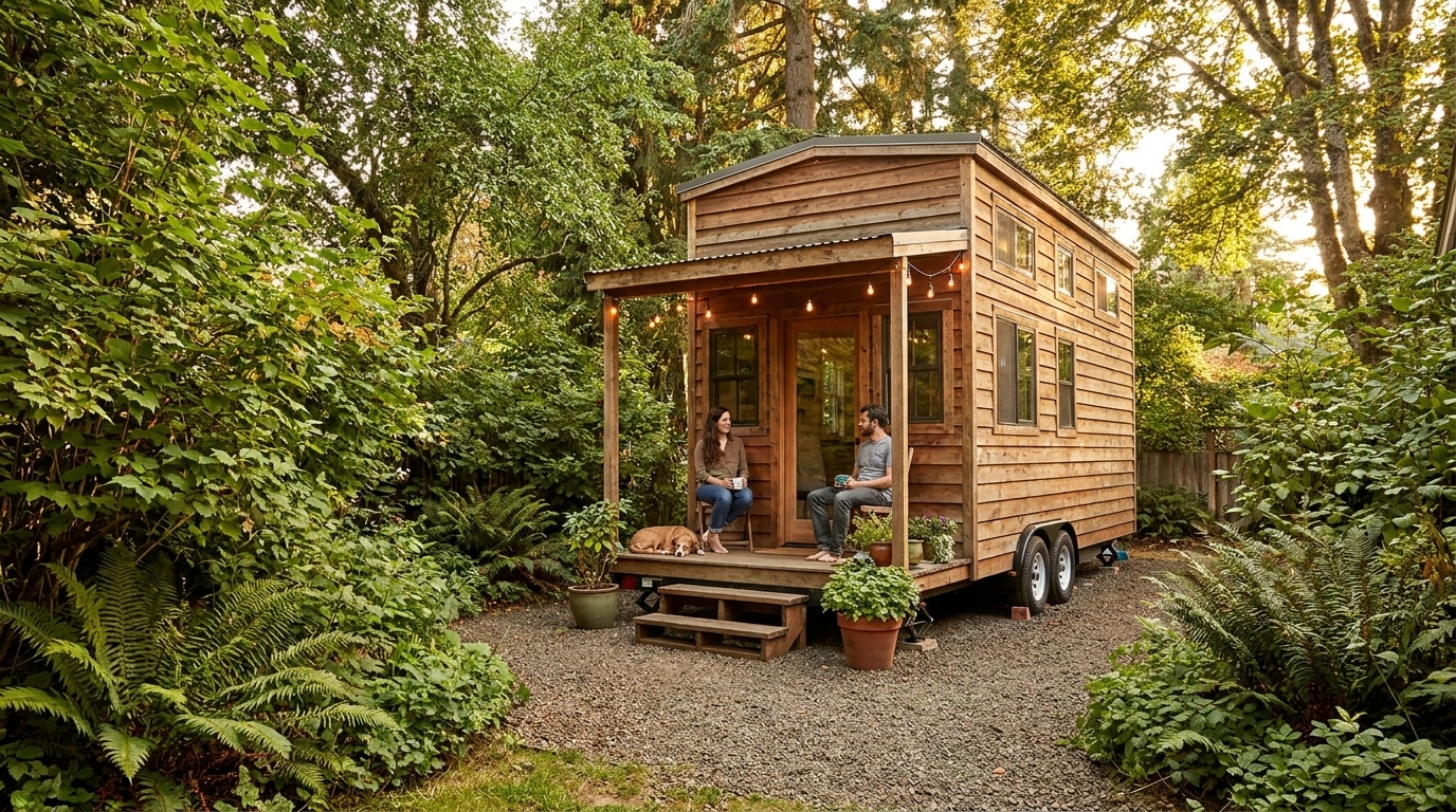Tiny house en bois posée sur gravier dans un jardin