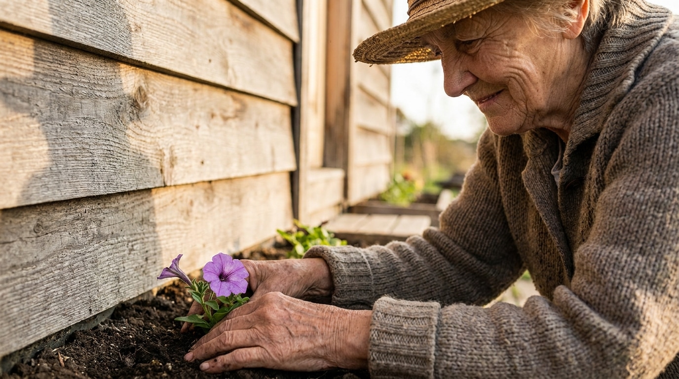 Femme âgée souriante près d'une petite maison