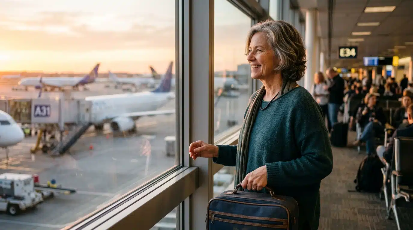 Femme senior souriante avec valise dans un aéroport