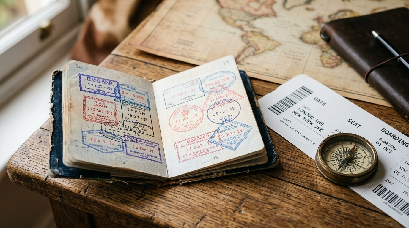 Passeport tamponné posé sur bureau de voyage