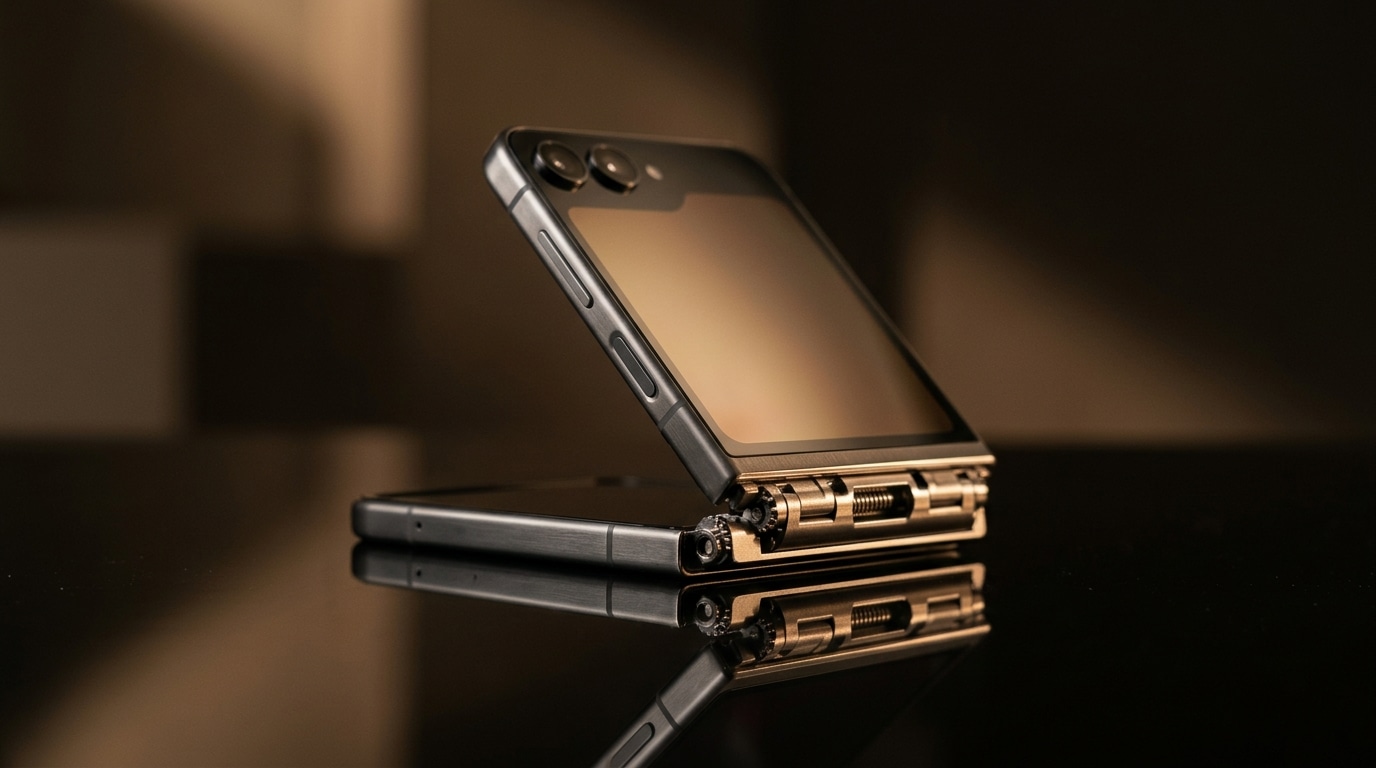 Smartphone pliant à clapet entrouvert sur surface sombre