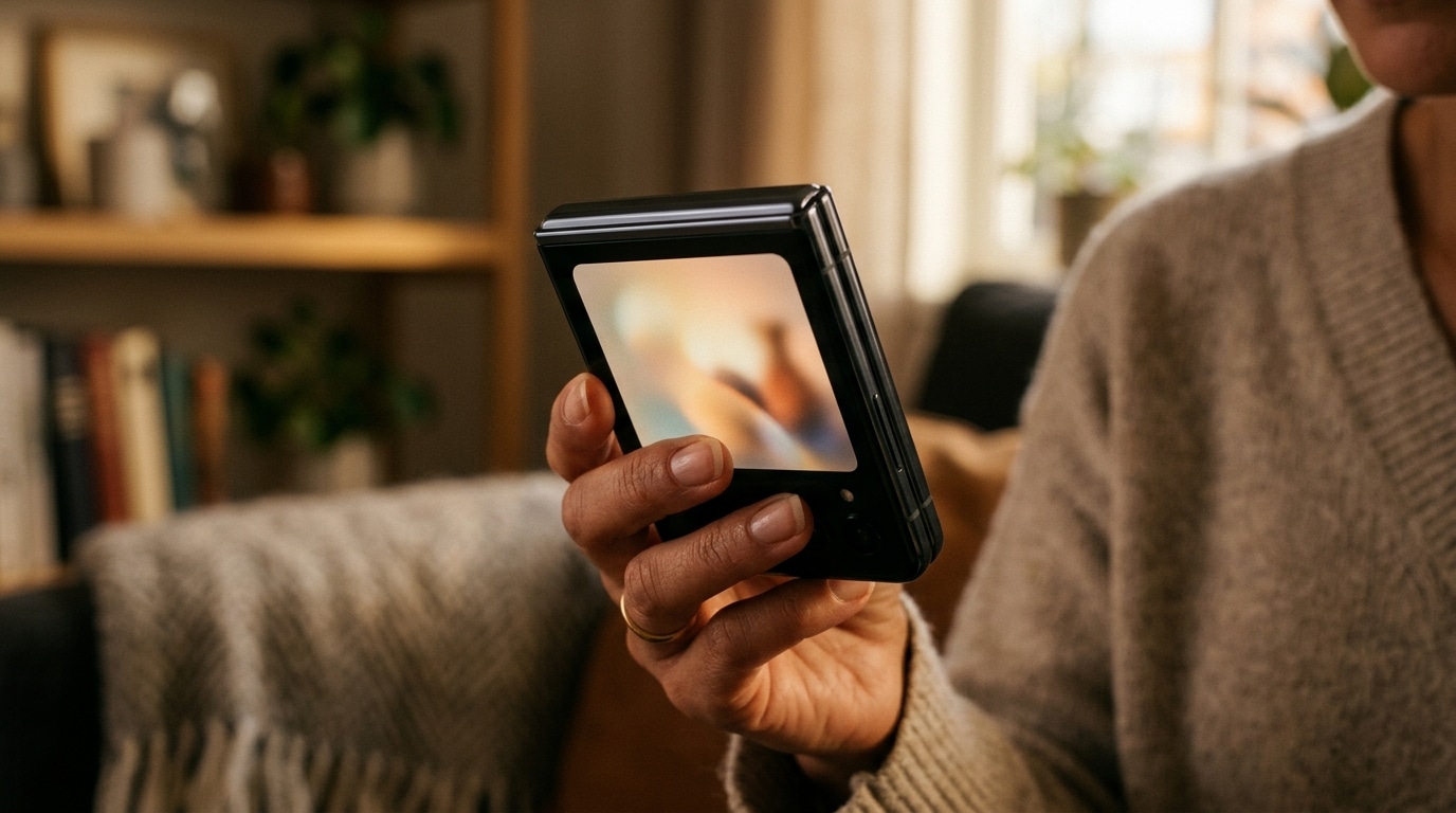 Main tenant un smartphone pliant écran externe allumé
