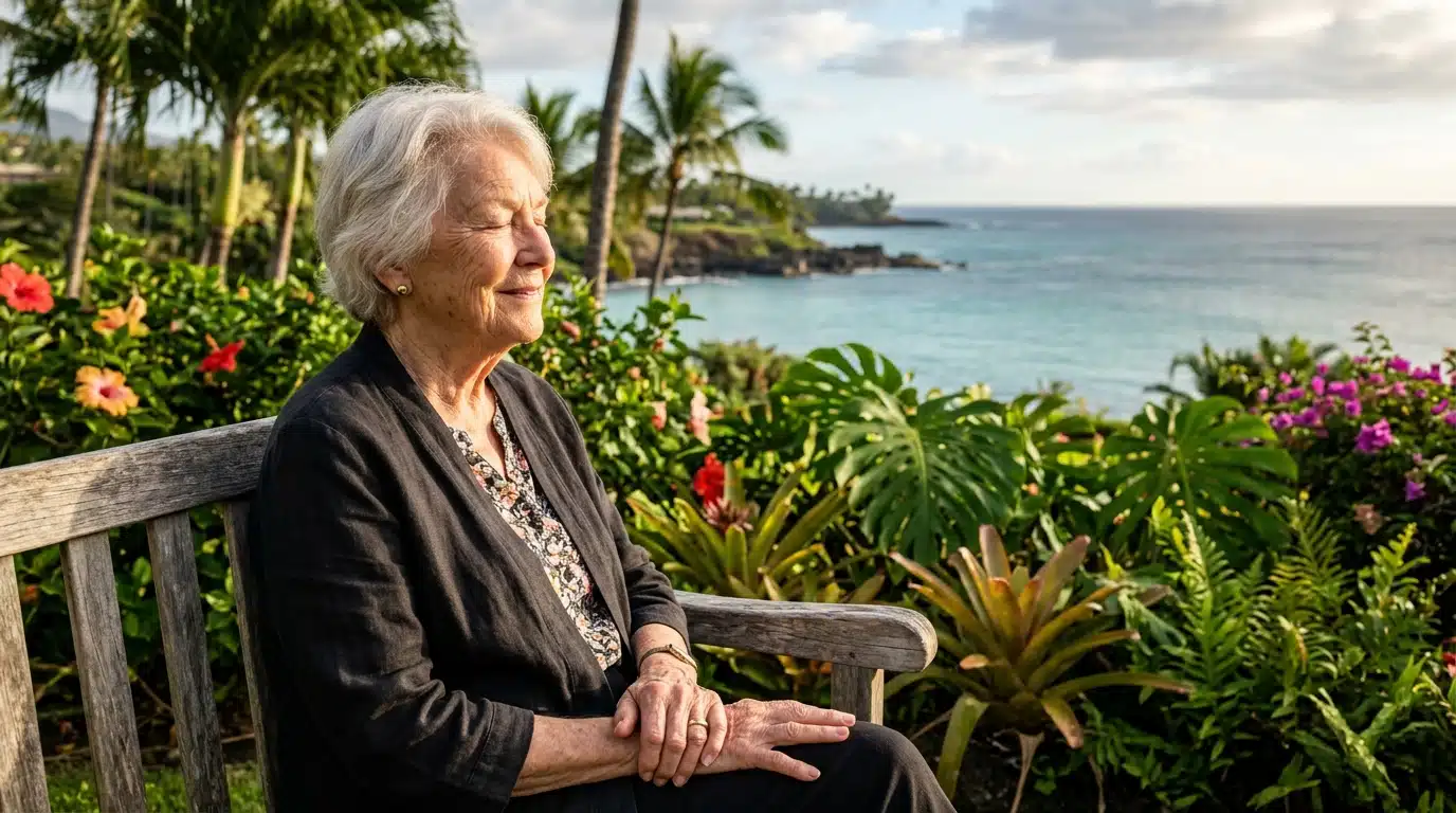 Retraité souriant face à un jardin tropical luxuriant