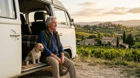 Camping-car garé au coucher de soleil à la campagne