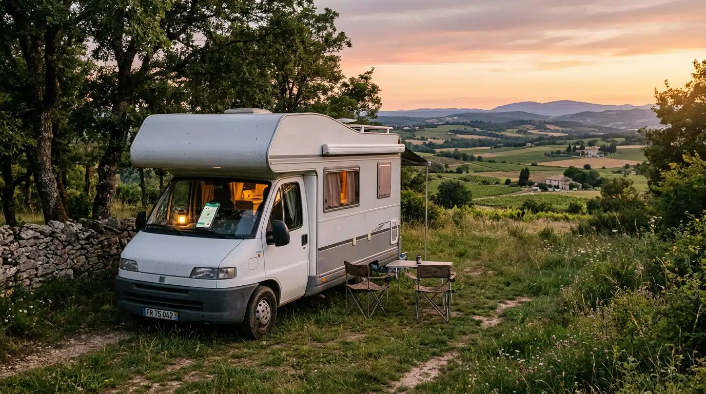 Retraité et son chien devant un camping-car blanc