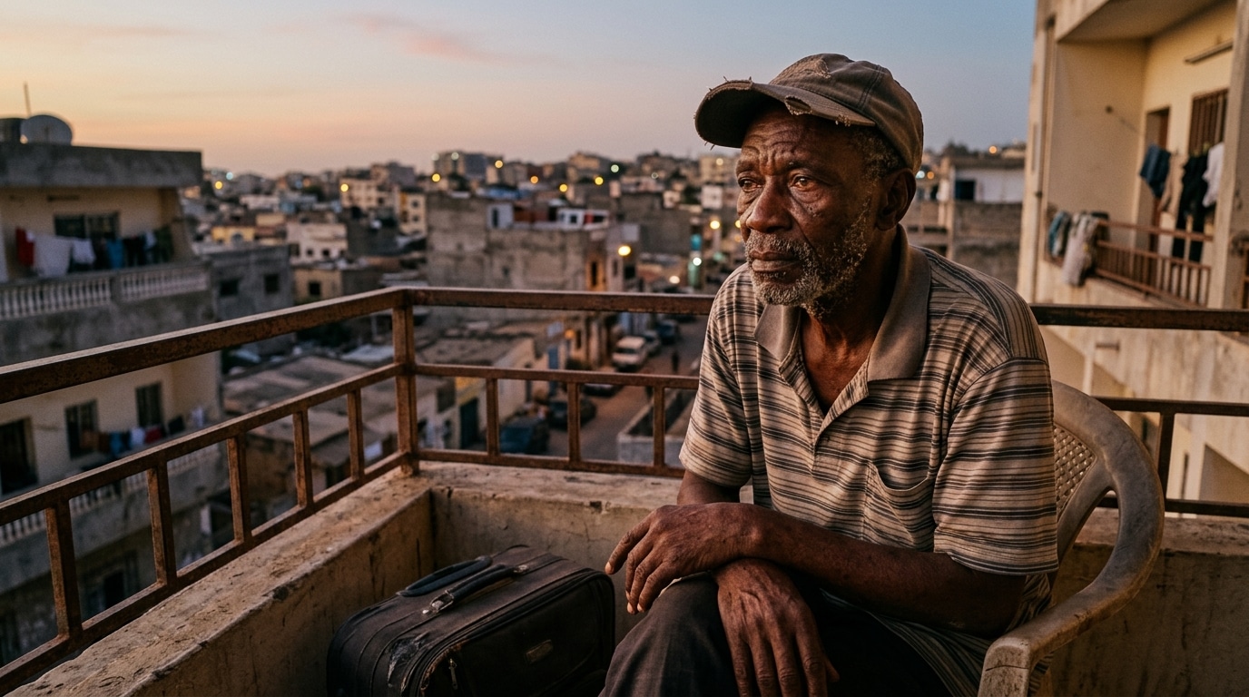 Retraité âgé assis seul sur un balcon africain