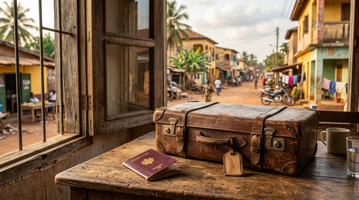 Valise usée et passeport français sur une table