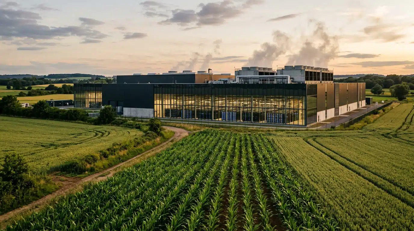 Datacenter moderne en bordure de terres cultivées