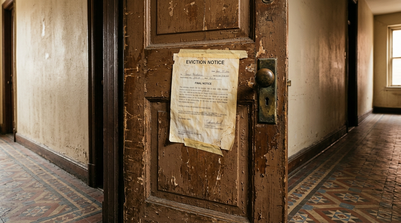 Porte d'appartement ancienne avec avis d'expulsion