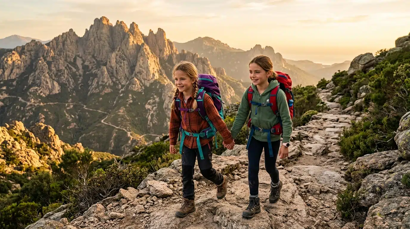Deux sœurs randonnent souriantes sur le sentier du GR20