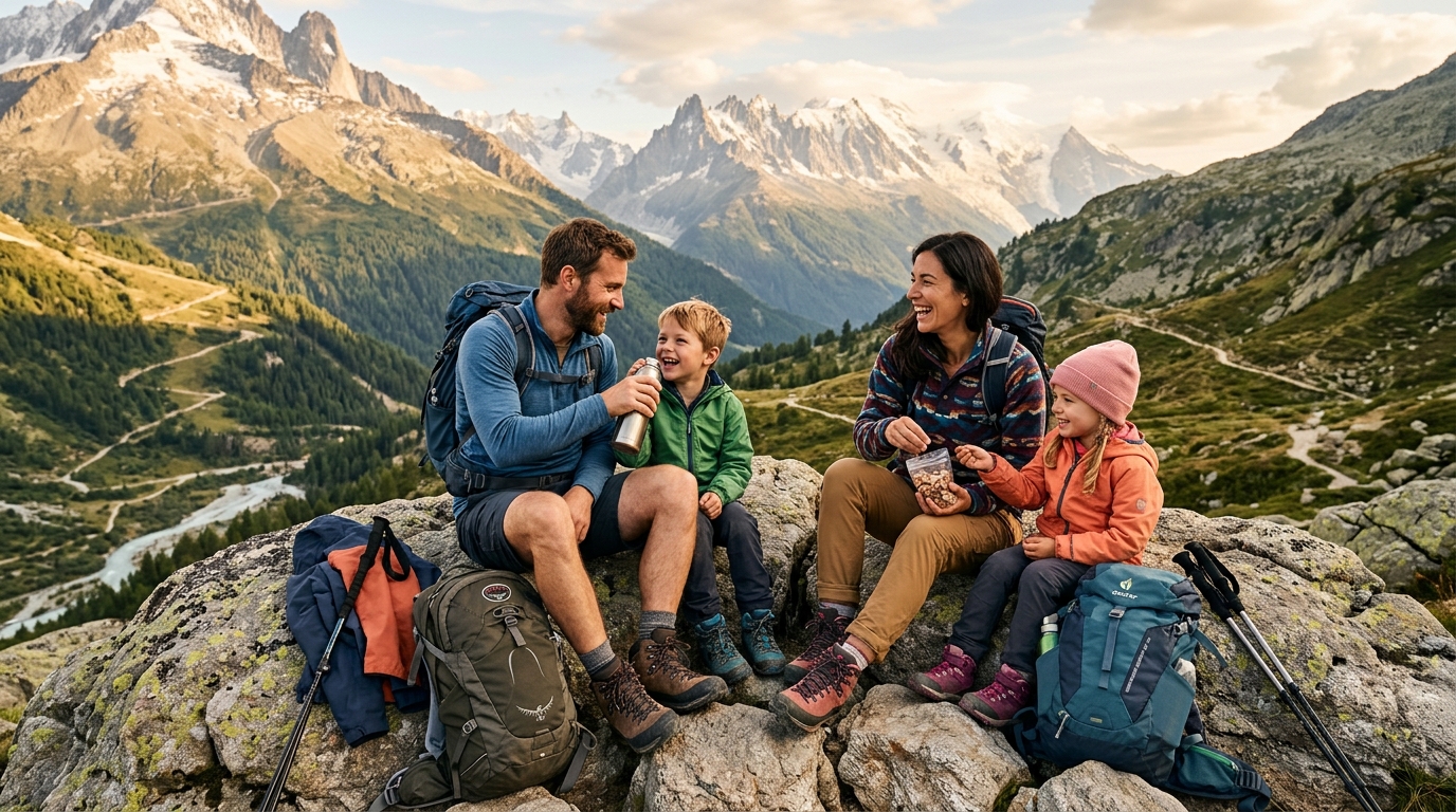 Famille en pause repas pendant une randonnée en montagne