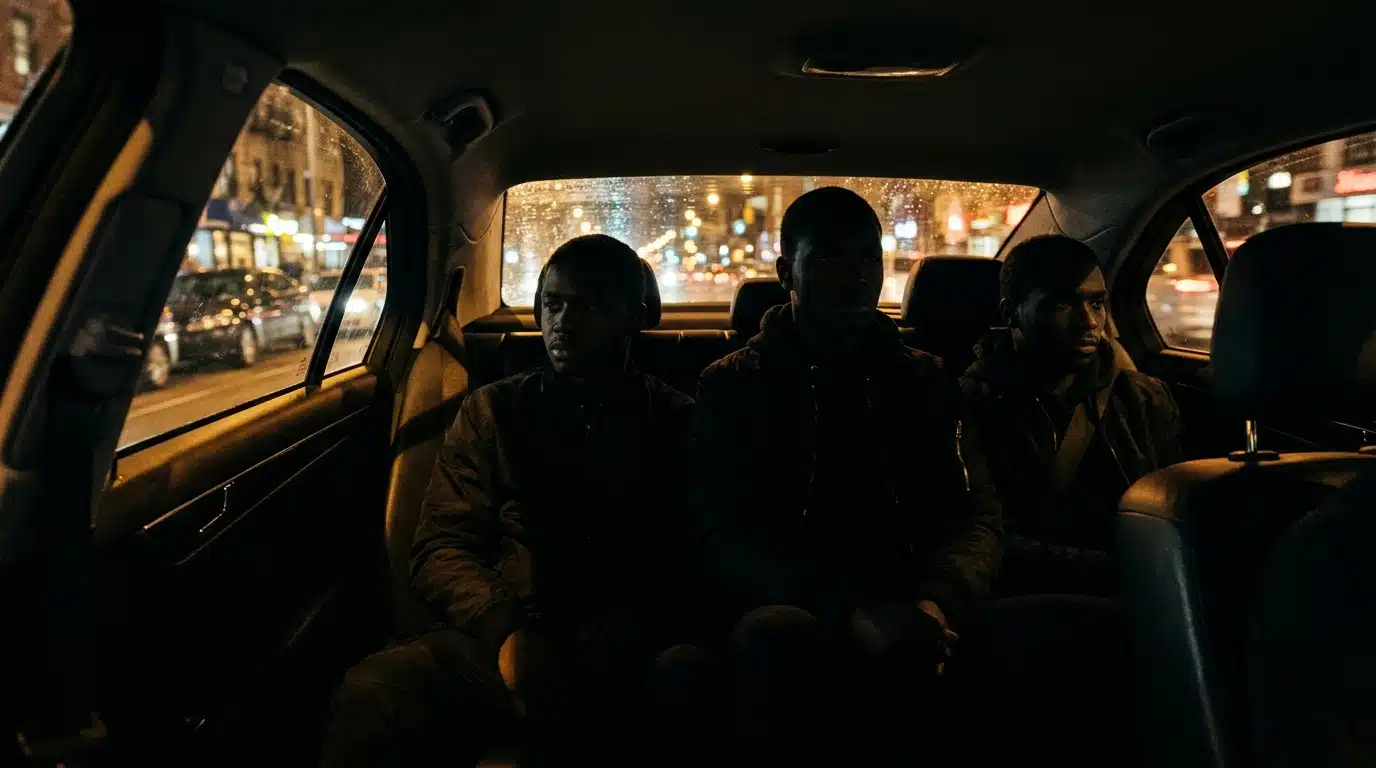 Trois silhouettes dans une voiture de nuit à Bruxelles
