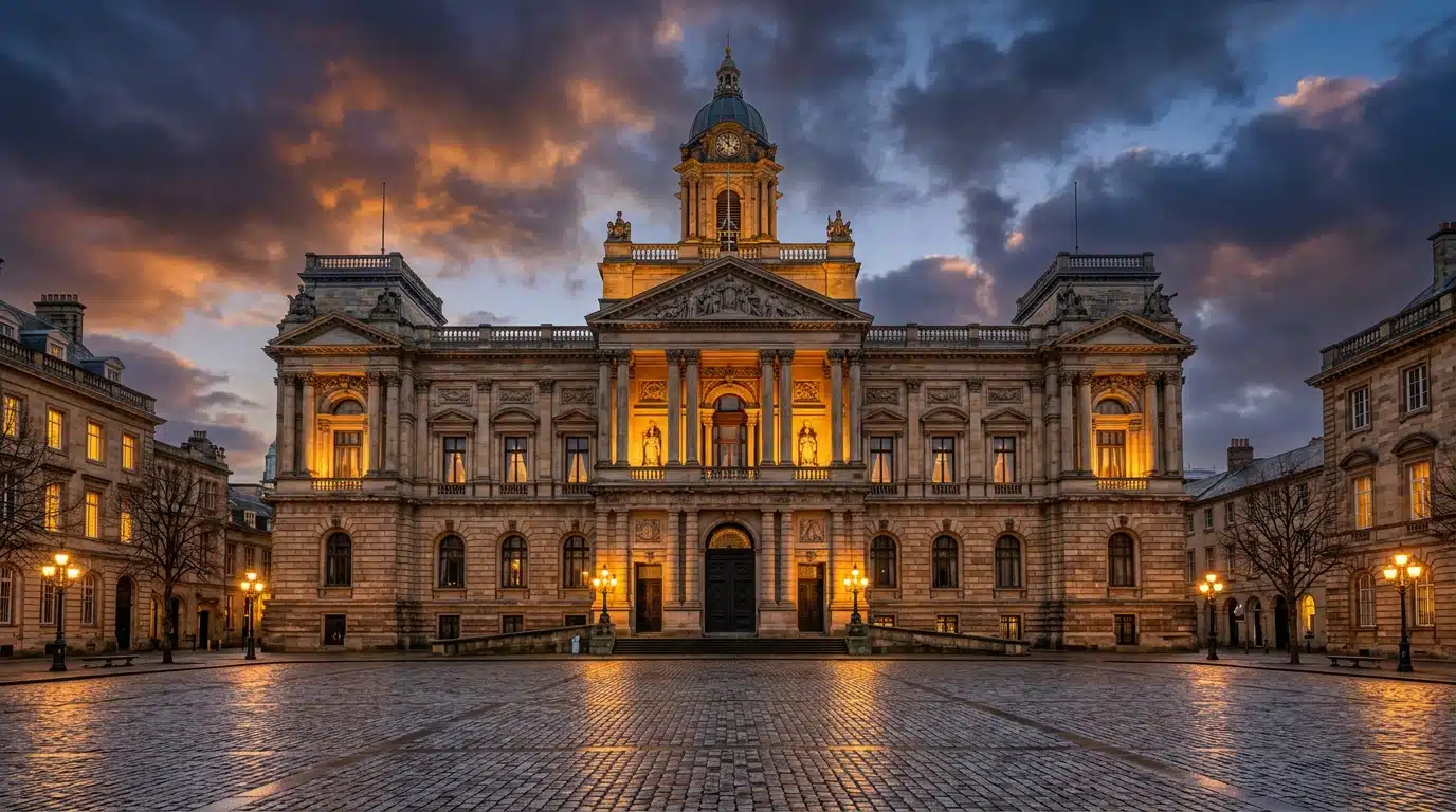 Façade d'un palais de justice européen au crépuscule