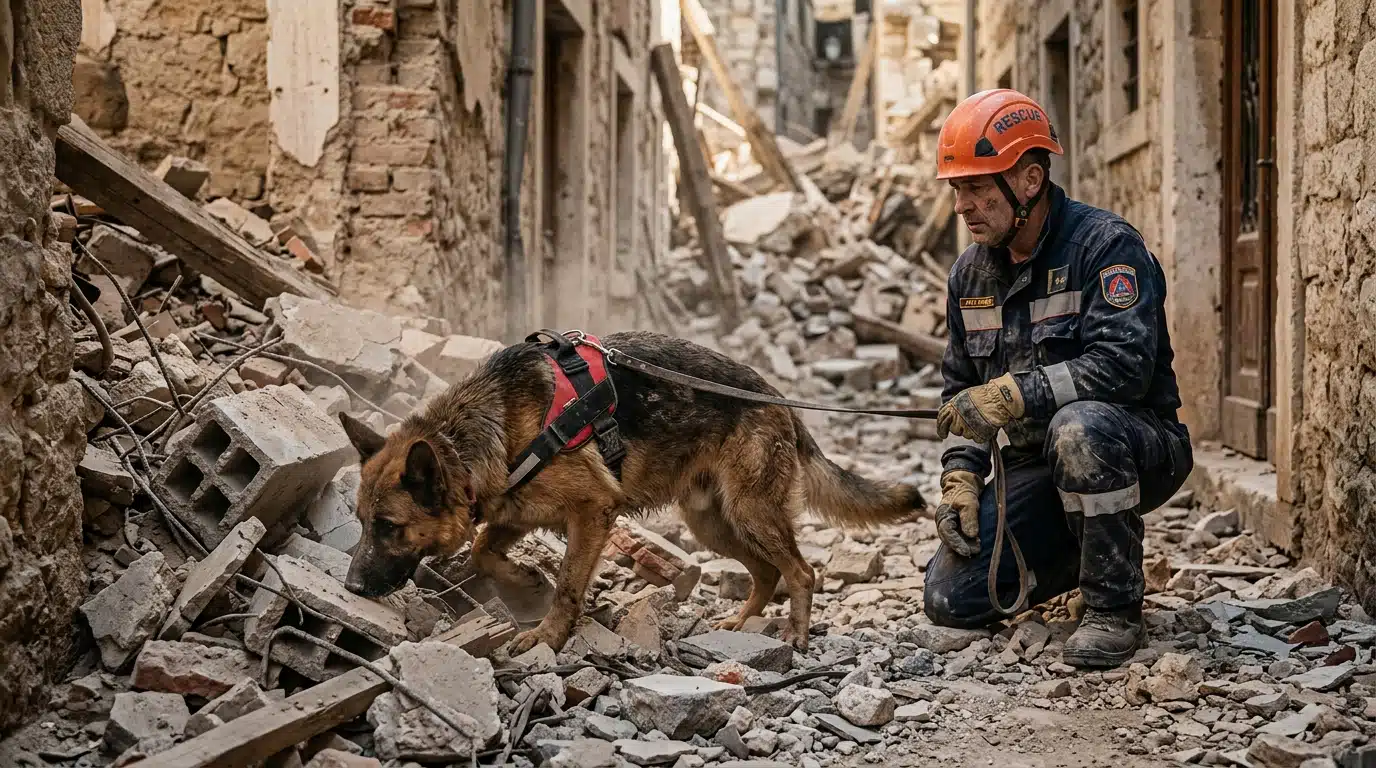 Chien de secours fouillant les décombres d'un immeuble