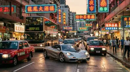 McLaren F1 grise roulant parmi les taxis de Hong Kong