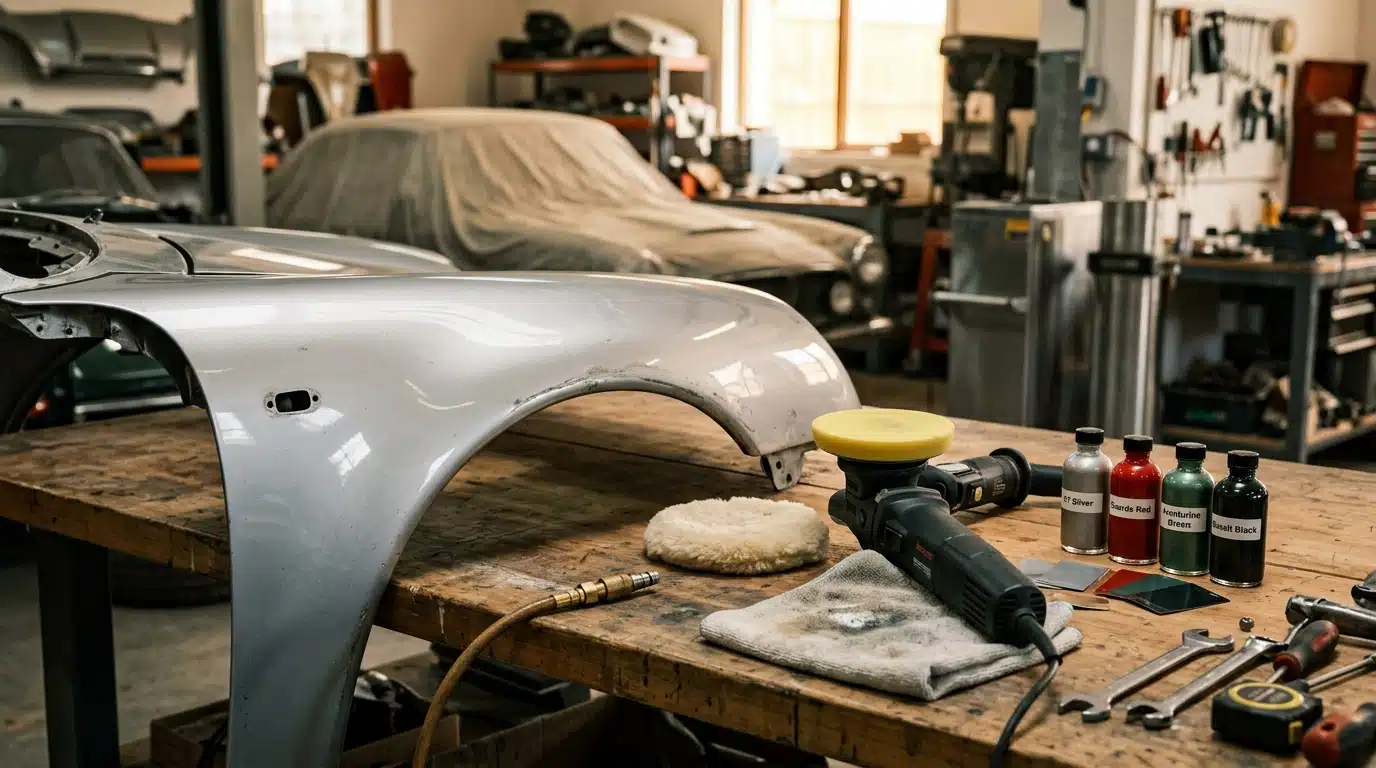 Atelier de restauration automobile avec carrosserie argentée