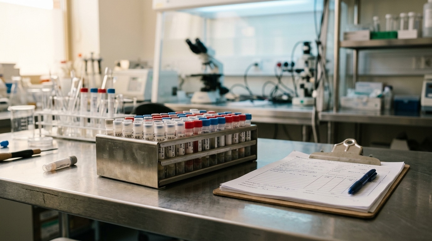 Fioles cryogéniques alignées dans un laboratoire médical