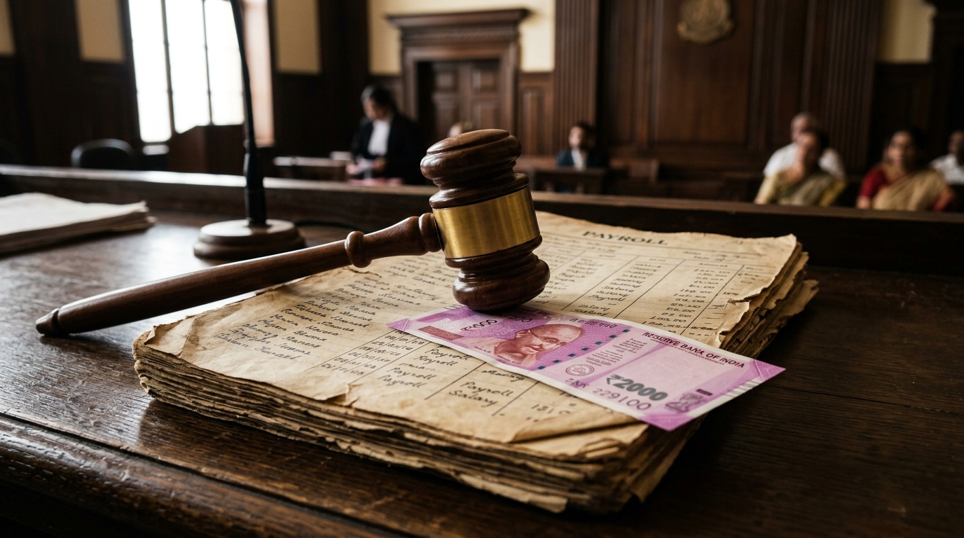 Marteau de justice posé sur documents de salaire anciens