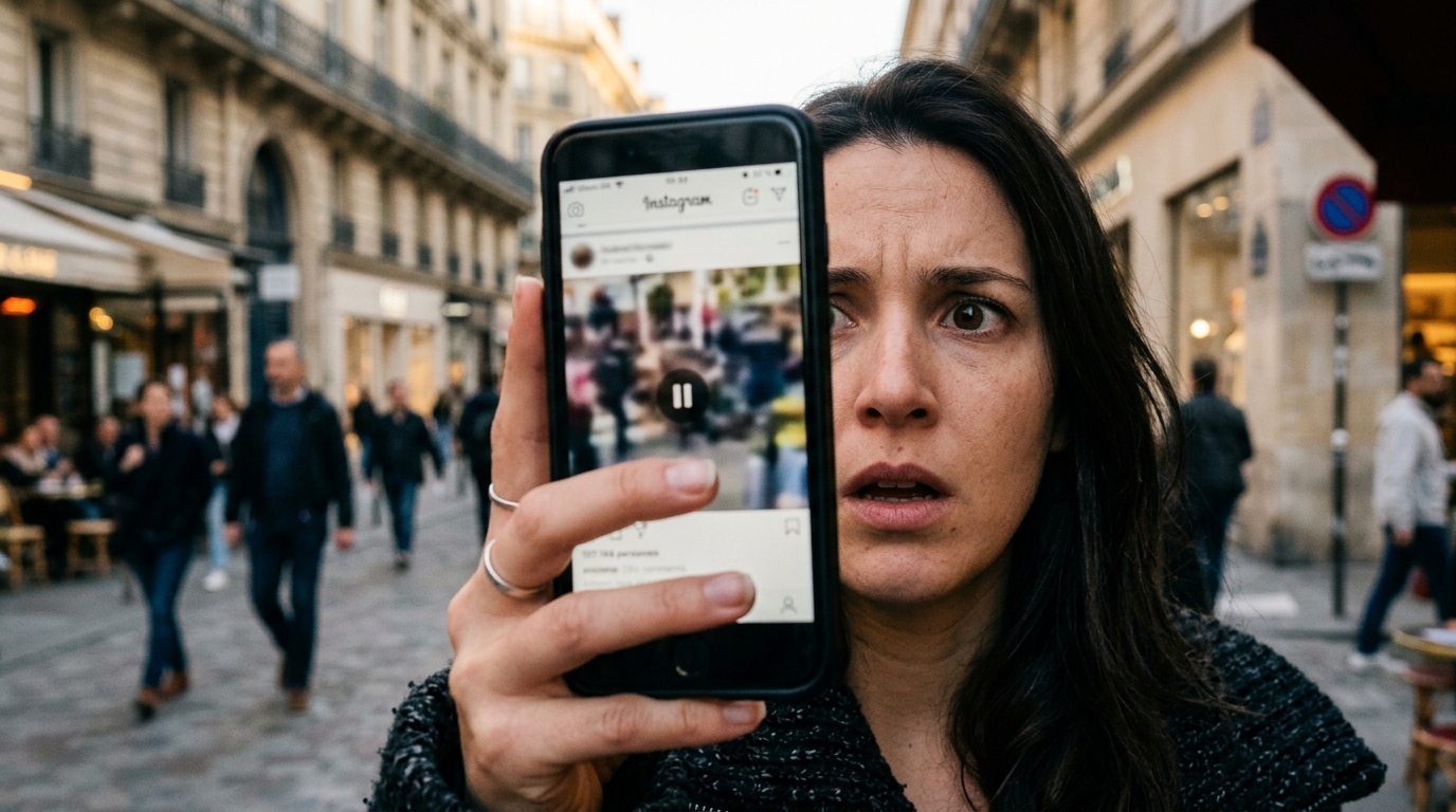 Main tenant un smartphone avec vidéo virale floutée