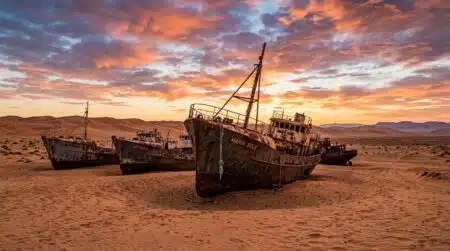 Chalutiers rouillés échoués dans un désert de sable