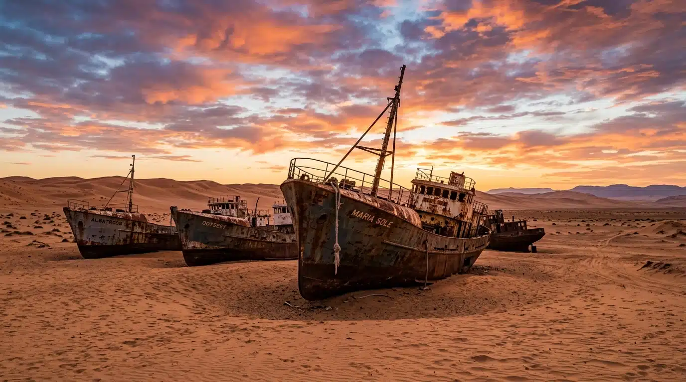Chalutiers rouillés échoués dans un désert de sable