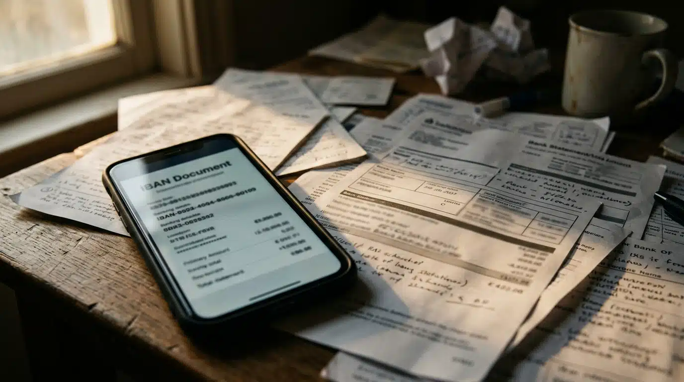 Documents bancaires et IBAN exposés sur un bureau