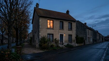 Façade d'une maison de banlieue au crépuscule