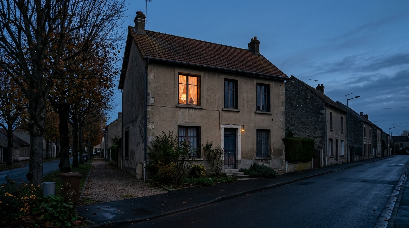 Façade d'une maison de banlieue au crépuscule