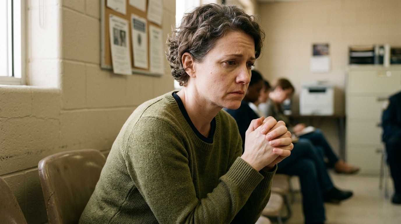 Femme anonyme inquiète assise dans un commissariat