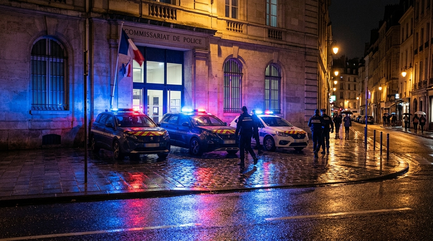 Commissariat de police la nuit avec gyrophares