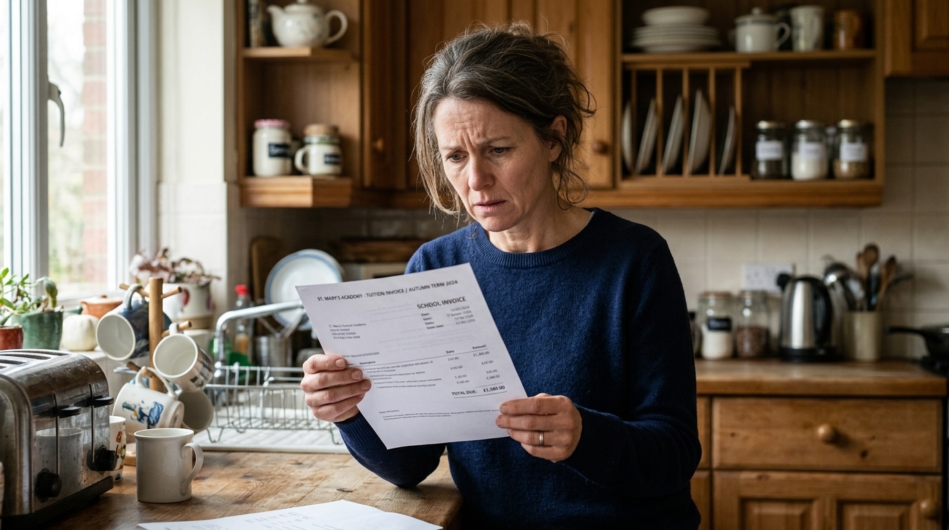 Mère de famille inquiète tenant une facture scolaire