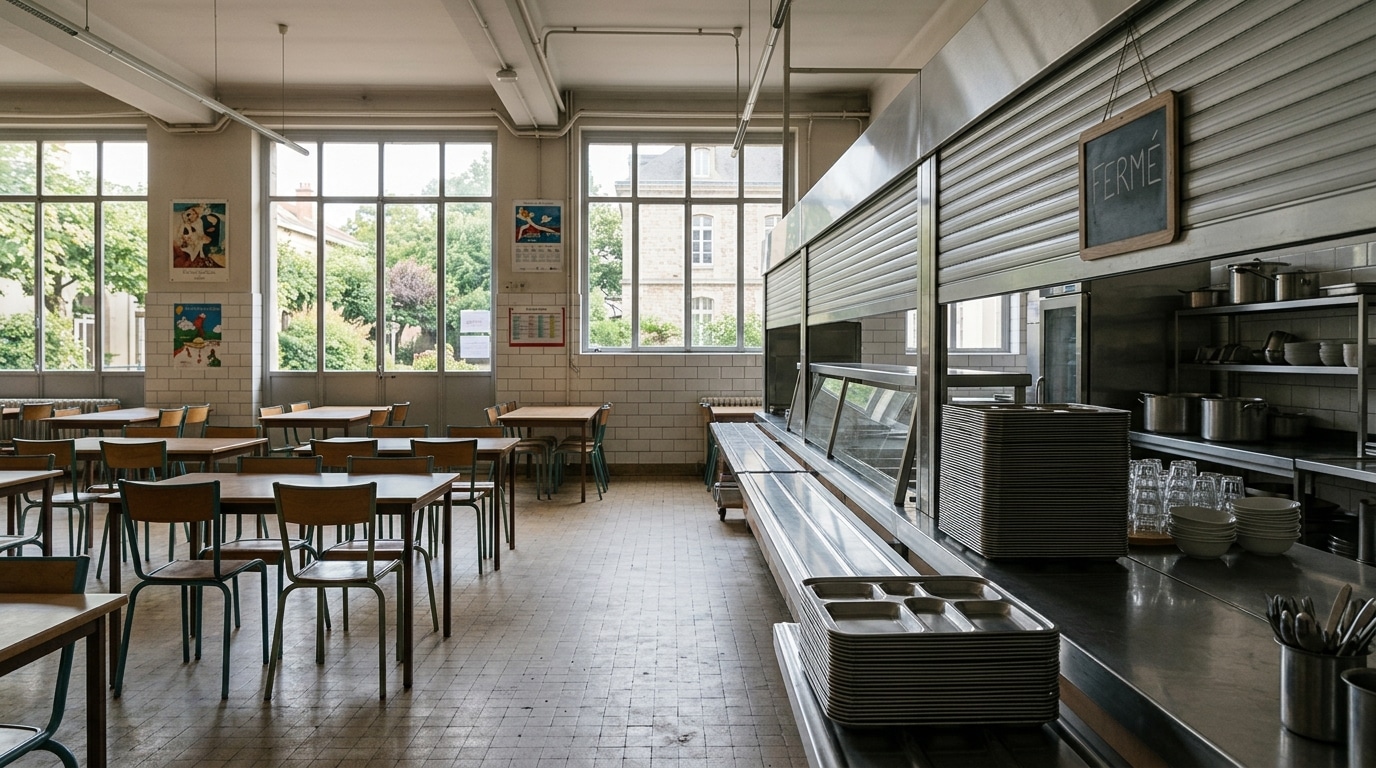 Cantine scolaire vide avec plateaux repas empilés