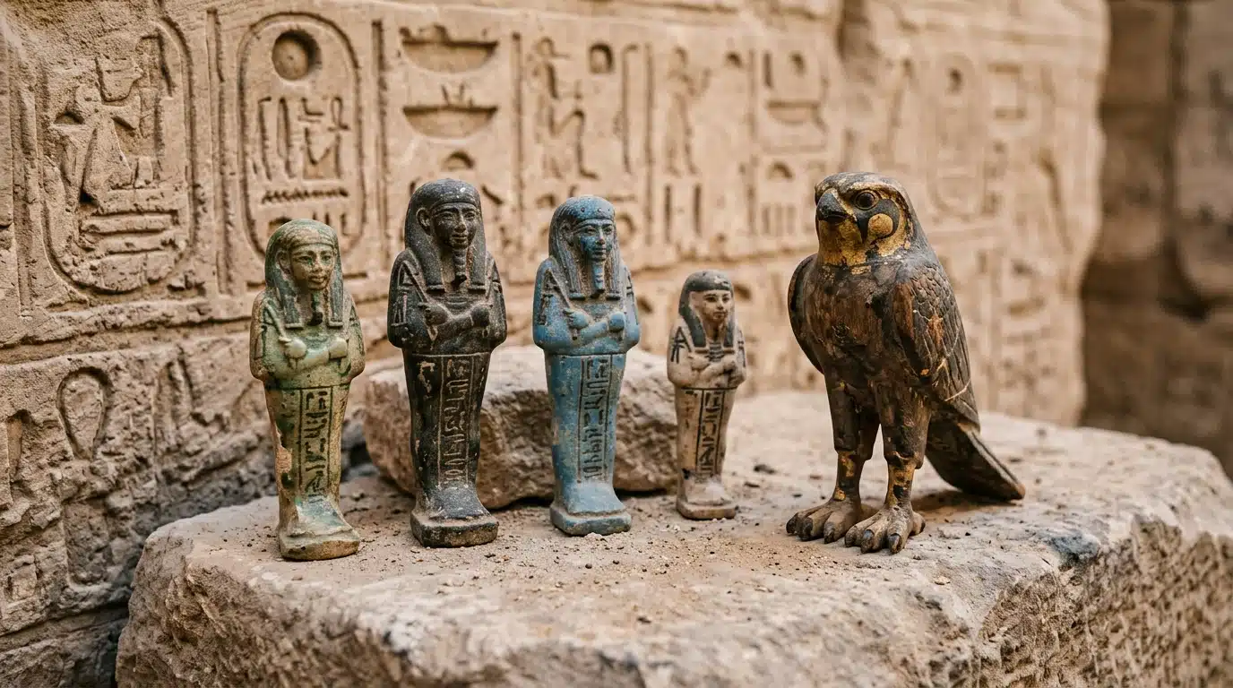 Figurines funéraires ouchebtis et statue de faucon en bois