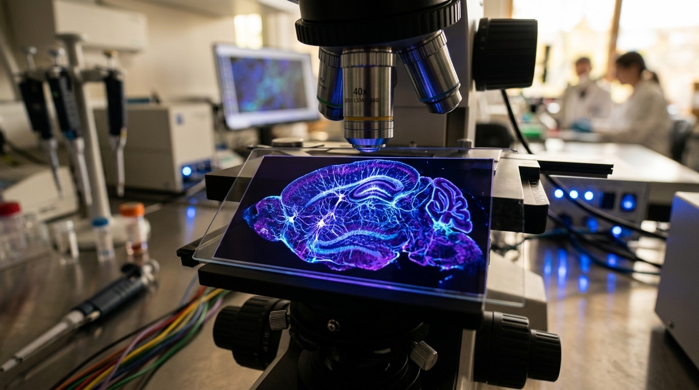 Tissu neuronal humain observé au microscope en laboratoire
