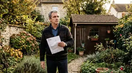 Propriétaire inquiet recevant un courrier du fisc dans son jardin