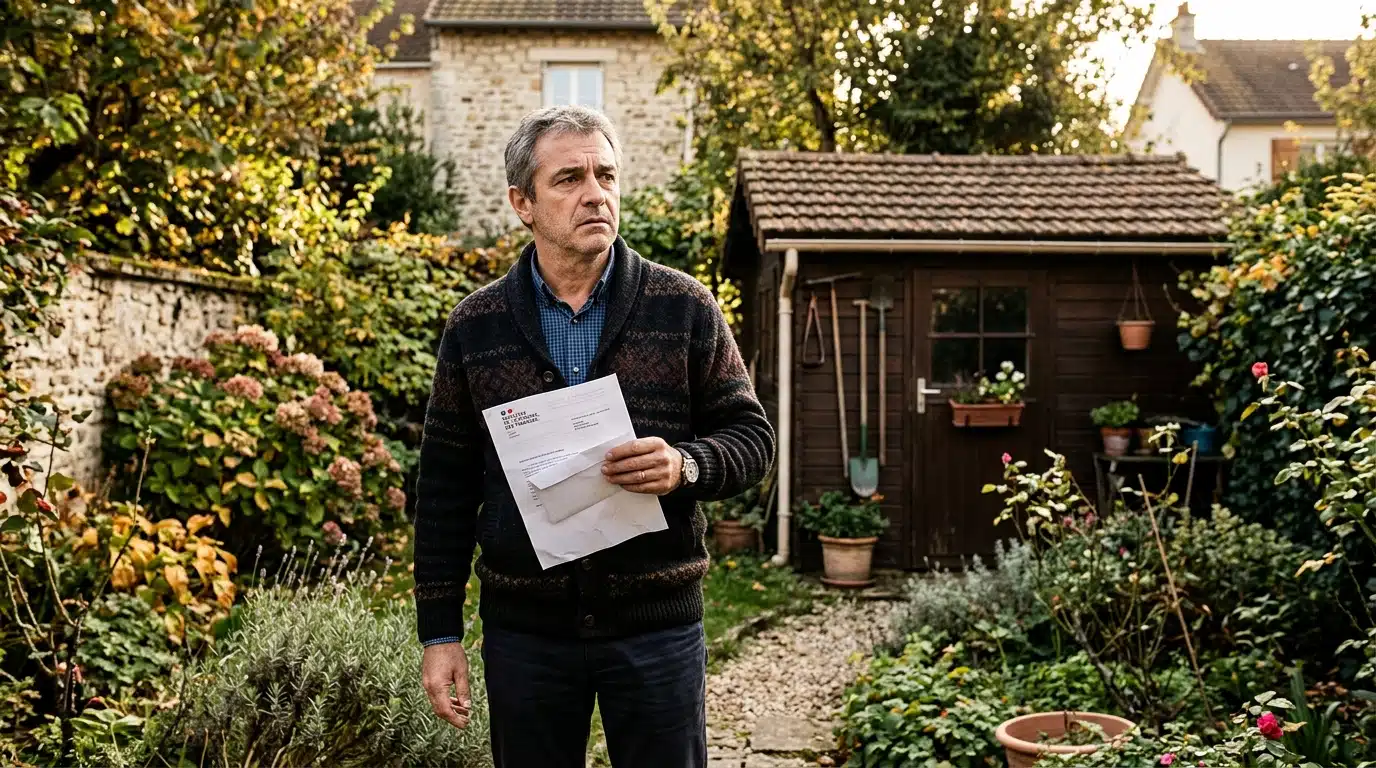 Propriétaire inquiet recevant un courrier du fisc dans son jardin